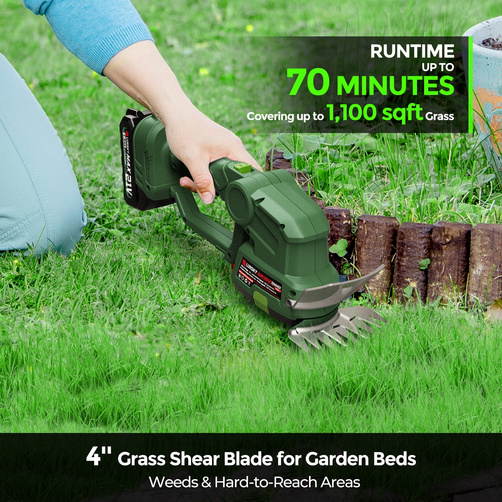 LURSKY 20V Cordless Hedge Trimmer, 2-in-1 Grass Shear & Shrubbery Trimmer, Lightweight, Rechargeable