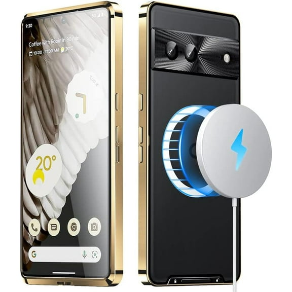 for Google Pixel 7 Case Compatible with MagSafe Charger Ultra Slim Matte PC Back Metal Frame Bumper Scratch Resistant Safety Lock Shockproof Protective Case, Gold