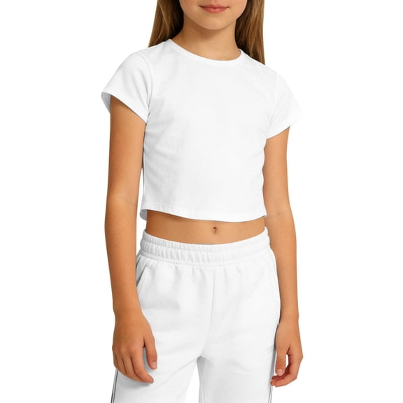 FINALGANG Girls Kids Short Sleeve Crew Neck Crop TShirt Solid Color Stretchy Casual Cropped Tee For Kids Daily Wear Sports Stylish Top