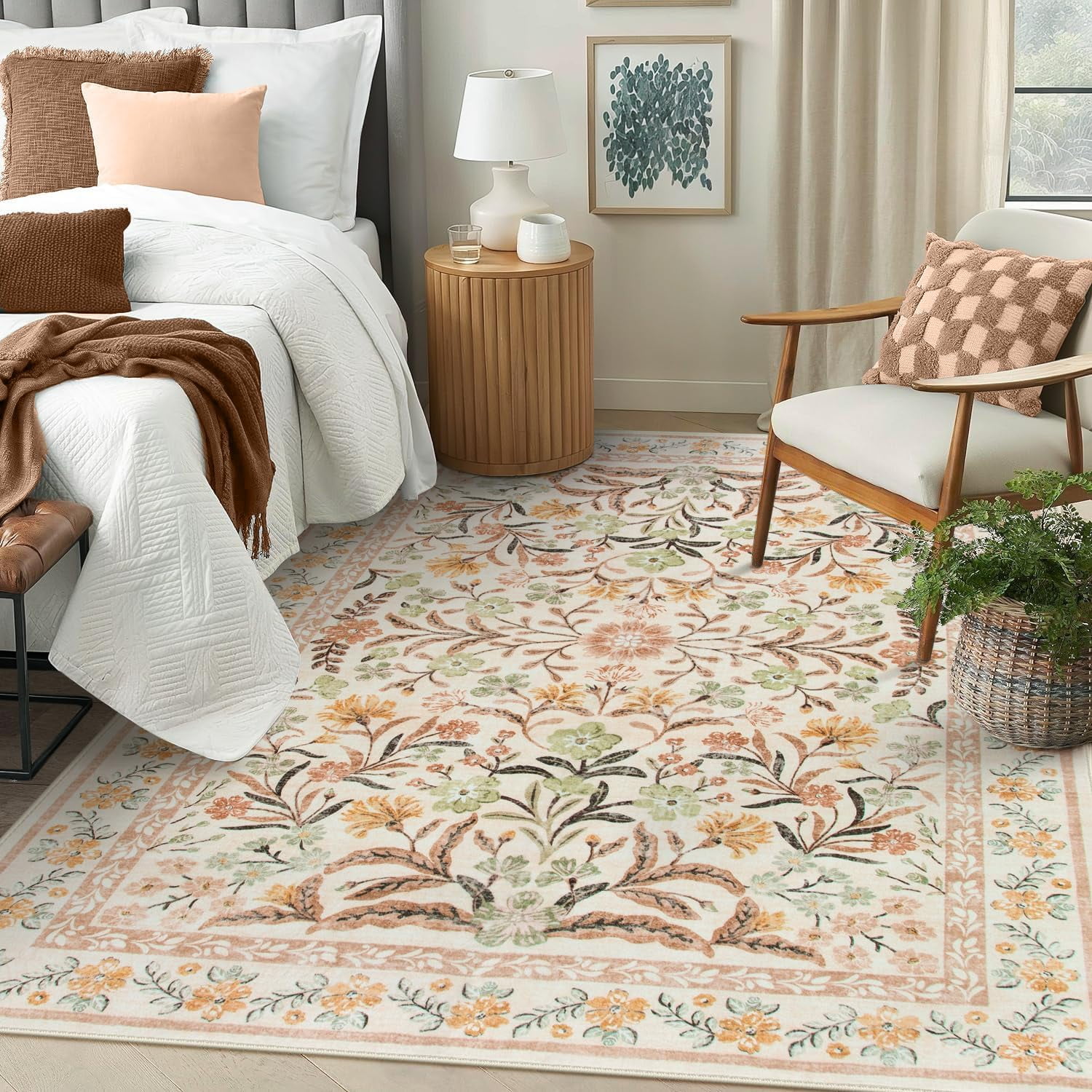 Moynesa 8'x10' Fall Area Rugs, Boho Washable Rugs for Bedroom, Bohemian Brown Rugs for Living Room, Soft Floral Thin Carpet for Apartment Dorm Home, Ochre Fall