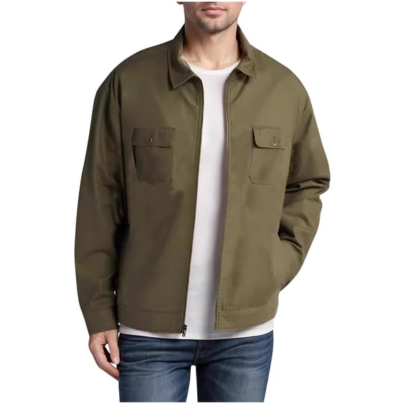 AnuYalue Cargo Jackets for Men Lightweight Full Zip Outerwear Classic Fit Long Sleeve Jacket Soild Color Lapel Tops with Pocket