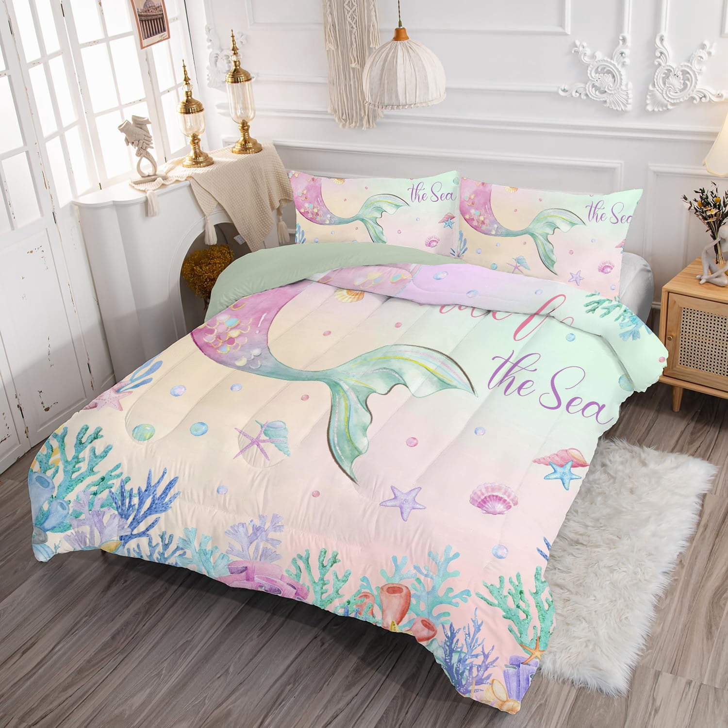 JJCOITR Cartoon Mermaid Tail Comforter Set Rainbow Twin Size Bedding Set for Kids Girls Bedroom All Season 3 Pieces