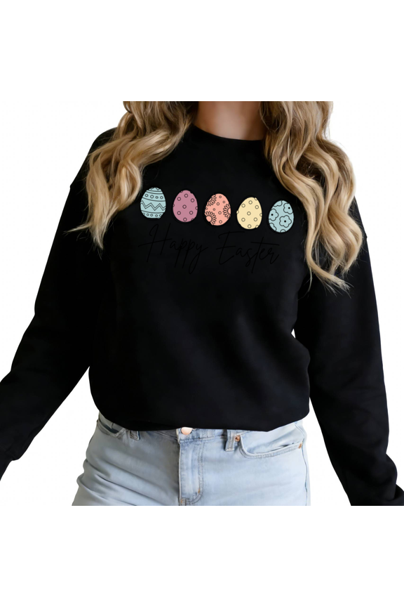 Black Print Sweatshirt Graphic Sweatshirt S-3XL Happy Easter Pastel Eggs Print Spring Casual Tops