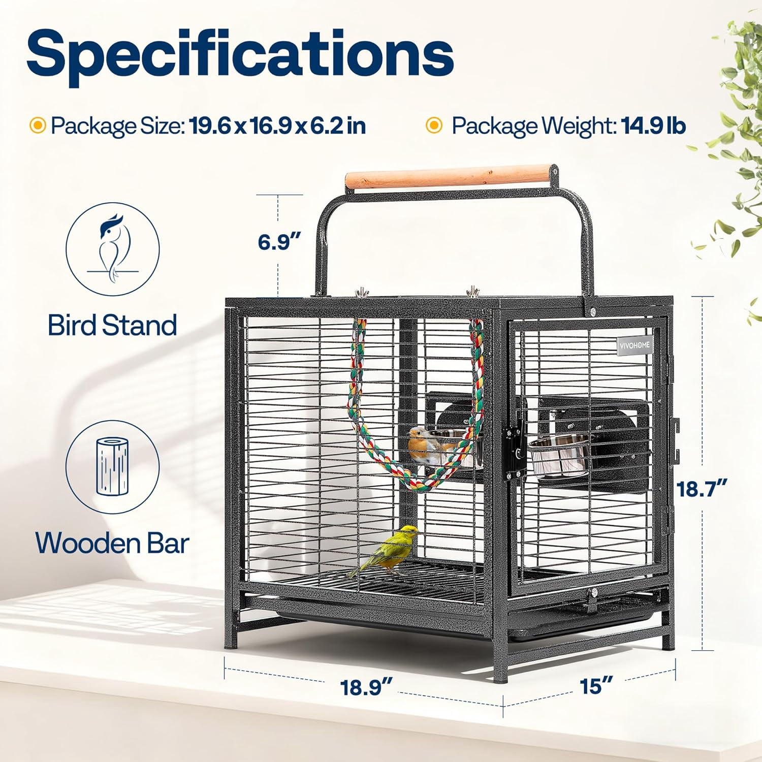 19 Inch Wrought Iron Bird Travel Carrier Cage for Parrots Conures Lovebird Cockatiel Parakeets Black