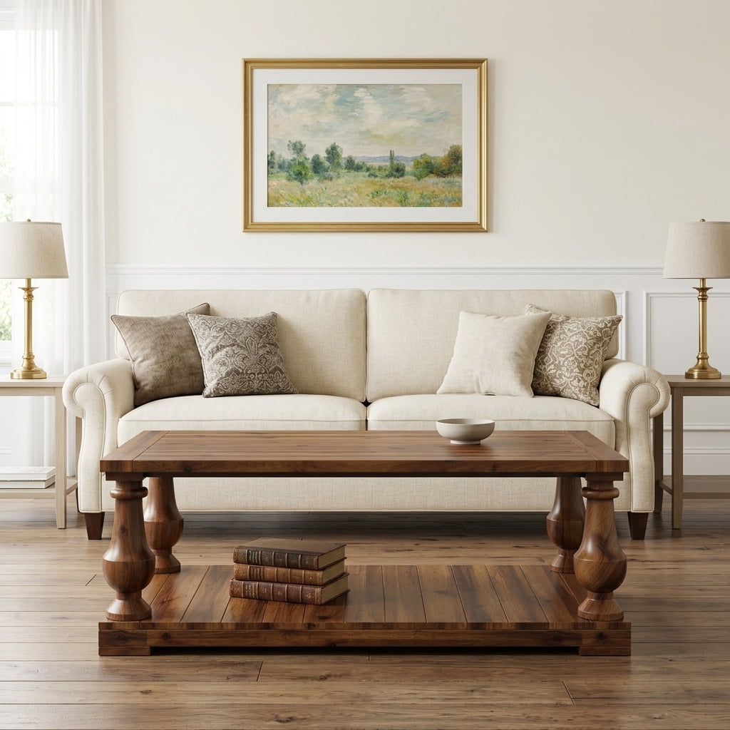 GARITIN Farmhouse Coffee Table with Storage Shelf, Solid Wood Turned Legs, 2-Tier Rustic Wood Center Table for Living Room, Walnut