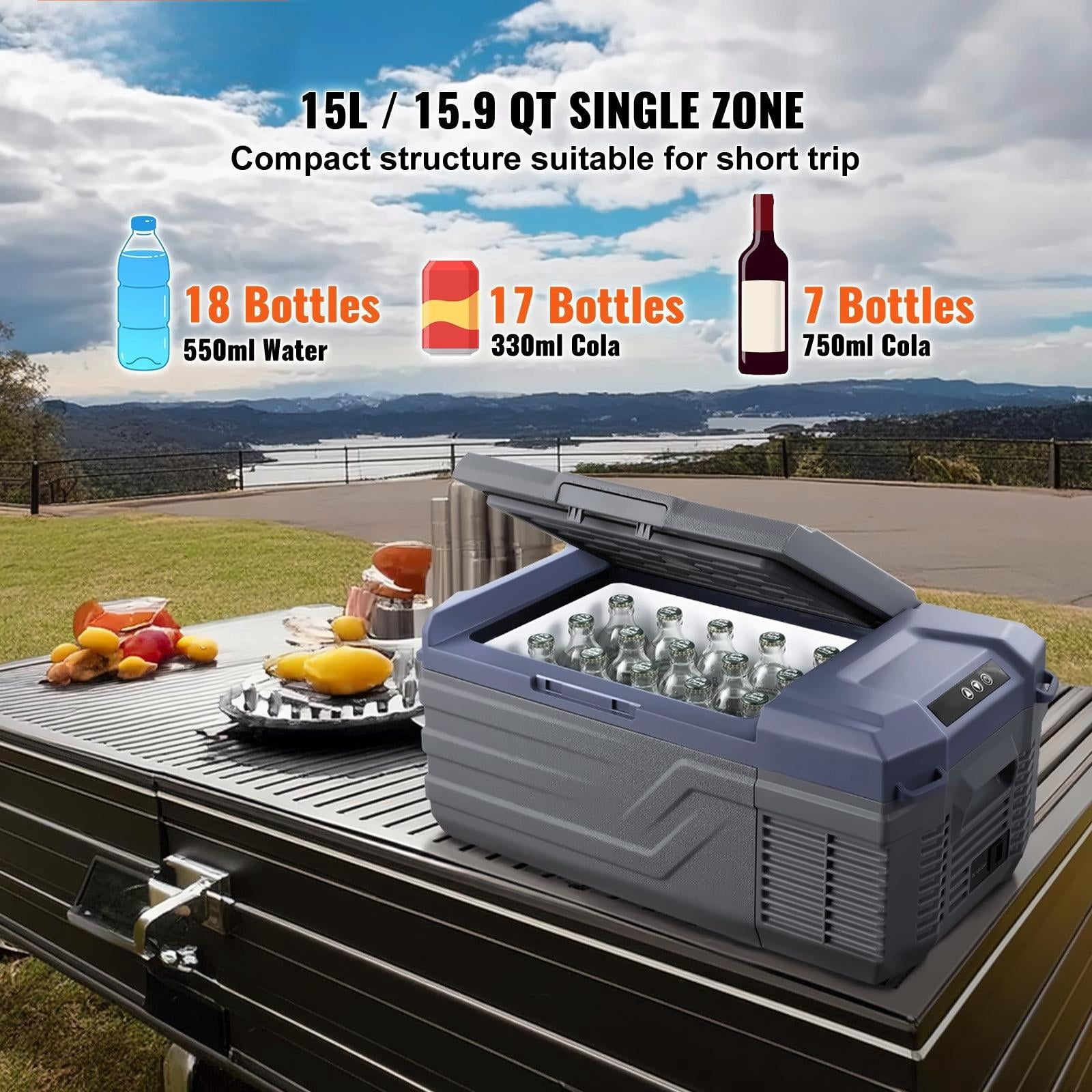Car Refrigerator 15L, 12V Portable Fridge Freezer, -4 to 68°F Adjustable, Compressor Cooler for RV, Camping, Travel, 12/24V DC & AC