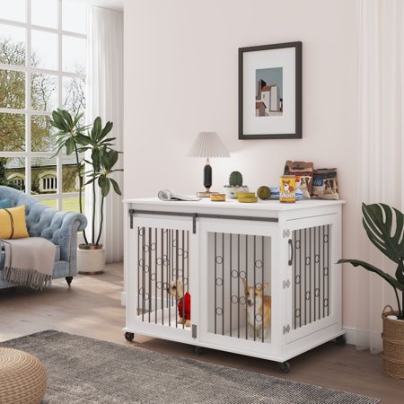 Ouyessir Dog Crate Furniture with Sliding Barn Door,Upgraded Large Wooden Dog Kennel End Table with Wheels and Flip-top Plate Dog House(White)