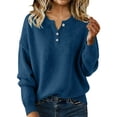 thumbnail image 2 of Only Moment Blue Womens Long Sleeve Shirts Crew Neck Button Up Knit Loose Fit Tops, Trendy Fashion Spring Fall Clothing, Business Casual Outfits S, 2 of 4