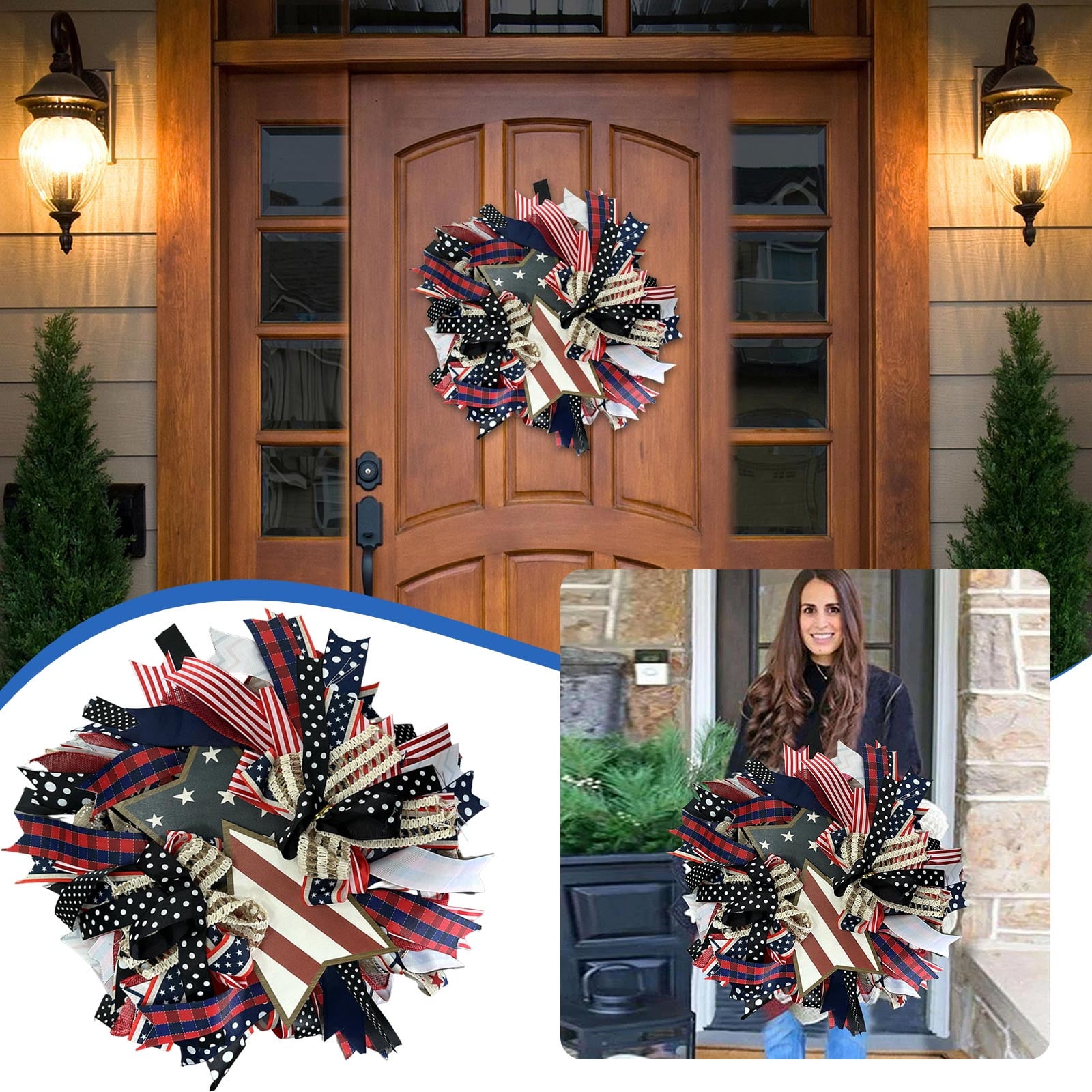 17.7 Inch Ribbon Independence Day Front Door Wreath Welcome Sign Door Hangers Anniversary Patriotic Wreath Red White and Blue 4th Of July Garland for Home Wall Porch