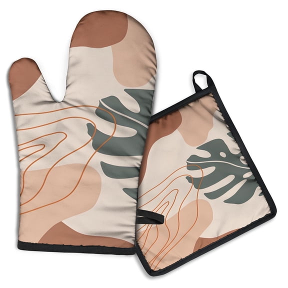 Brown Boho Plant Pattern Kitchen Oven Mitt and Pot Holder Sets 2 Pcs for Baking, Cooking and Grilling, Heat Resistant Up To 392 °F