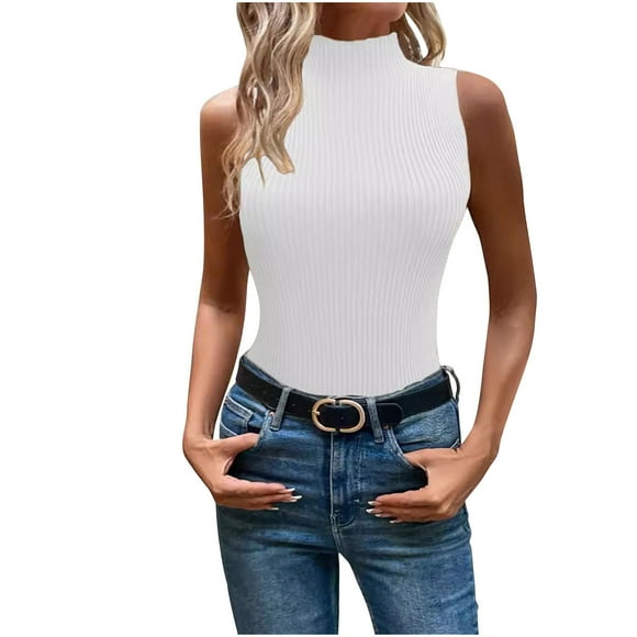 VEKDONE Sleeveless Mock Neck Tank Tops for Women Fashion Ribbed Knit Slim Tunics Tops Solid Color Casual Outdoor Blouse White X-Large