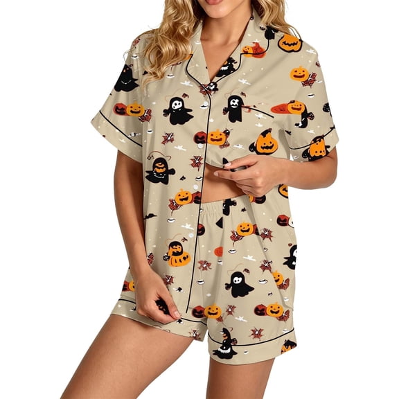 BOOMNY Halloween Womens Pajama Sets 2 Peice Pjs Set for Women Hallowmas Pumpkin Ghost Graphic Short Sleeve Buttons Sleepwear Tops Shorts Cozy Homewear Loungewear Sets