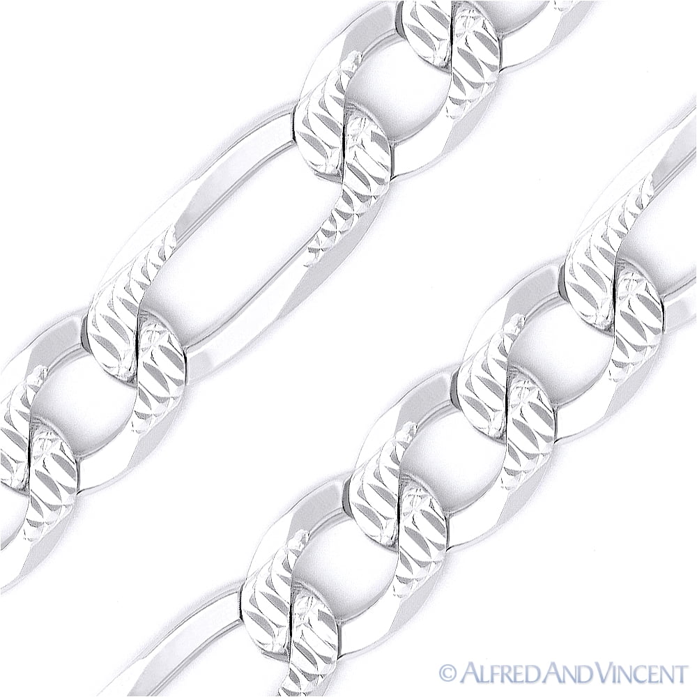 6mm Figaro / Figaroa D-Cut Pave Link Italian Chain Necklace in .925 Sterling Silver