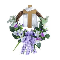 Easter Wreath with Cross and White Cloth, 15.35 in Purple Easter Wreaths for Front Door, Easter Decorations Garland with Artificial Vine, Lilies and Bow for Rustic and Farmhouse Indoor Outdoor Decor