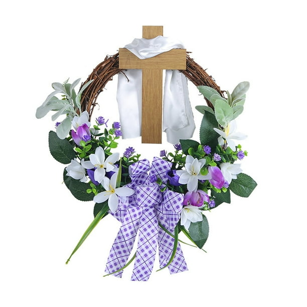 Corona de Pascua con cruz y tela blanca, 15.35 pulgadas, color morado, para puerta de entrada, con enredadera artificial, lirios y lazo para decoración rústica y campestre de interiores y exteriores.