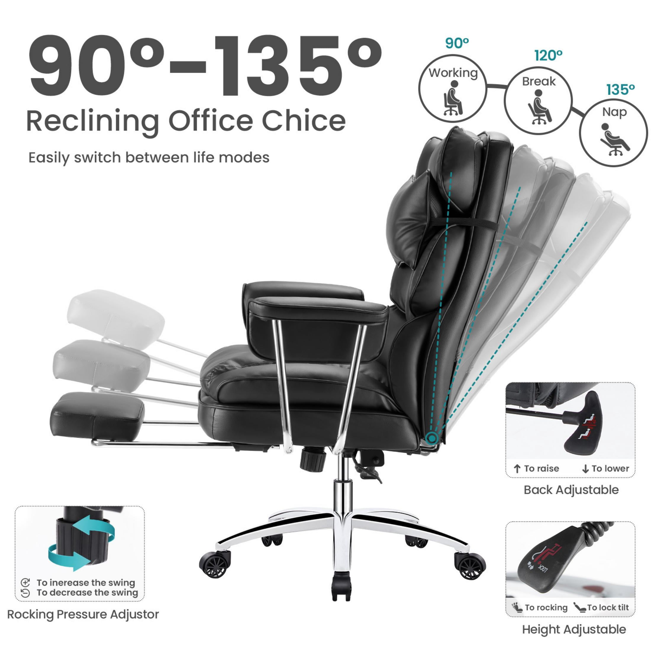 edx Executive Home Office Desk Chair, Ergonomic Big Tall High Back with Footrest & Lumbar Support, Reclining Comfy PU Leather Computer Gaming Chair with Swivel Wheels, Height Adjustable, Black