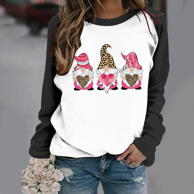 Qertyioot Chandail en Molleton de la Saint-Valentin pour Femmes, Blouse à Manches Longues Imprimée Col Rond Tunique Décontractée