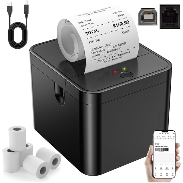 Impresora Termica Portátil, 5 Rollos, Bluetooth y USB Impresora de Recibos, Impresora de Tickets con Corte Automático, 58MM Mini Impresora de Etiquetas, Material de oficina, iOS/Android/Windows