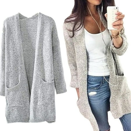 - Women Fashion Cotton Blend Long Sleeve Oversized Loose Knitted Sweater Jumper Cardigan Outwear Coat Gray