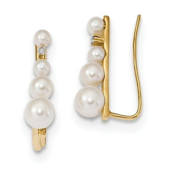 14k Gold With Freshwater Cultured Pearl and Diamond Ear Climber Earrings - Measures 19x5mm Wide