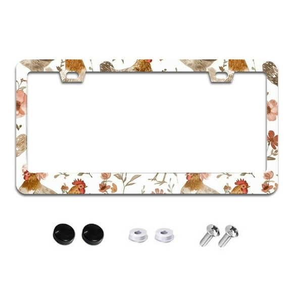 Floral Chicken License Plate Frames for Women Men Car Plate Holder Cover Metal Tag Aluminum Car Accessories Front Rear Plate Decor