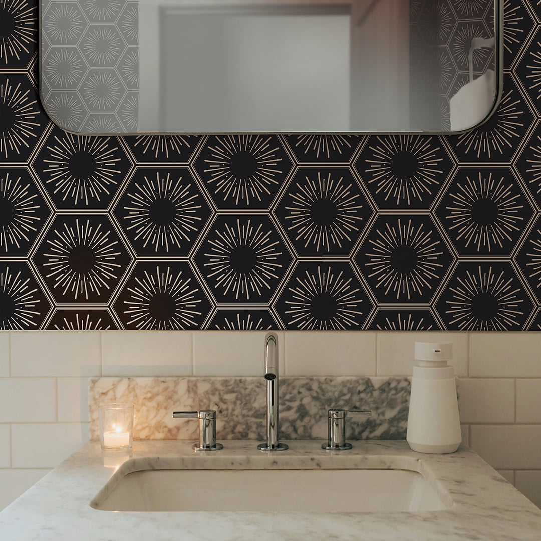 Tempaper Hello Sunshine Black & Metallic Gold Peel and Stick Wallpaper, 20.5" x 16.5'
