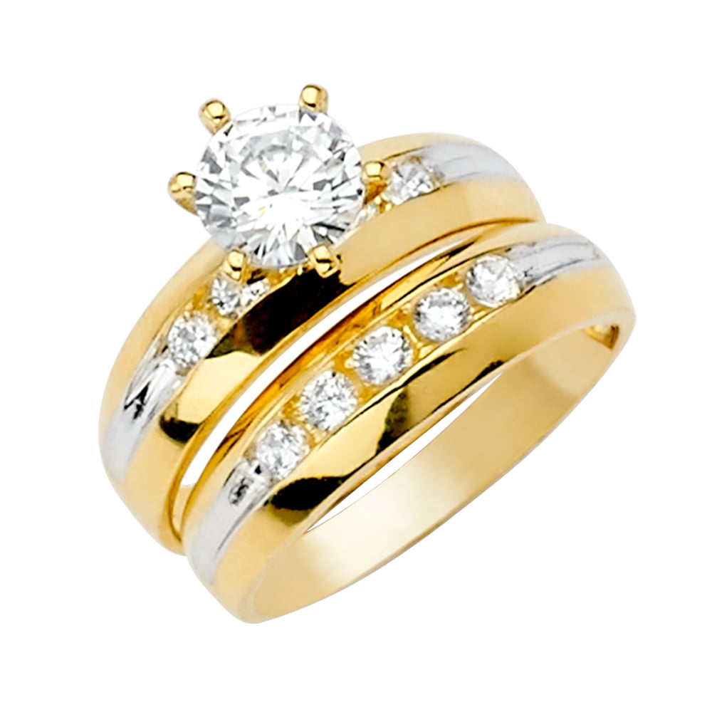 FB Jewels 14K White and Yellow Gold Two Tone Round Cubic Zirconia CZ Wedding Band and Engagement Bridal Ring Two Piece Set