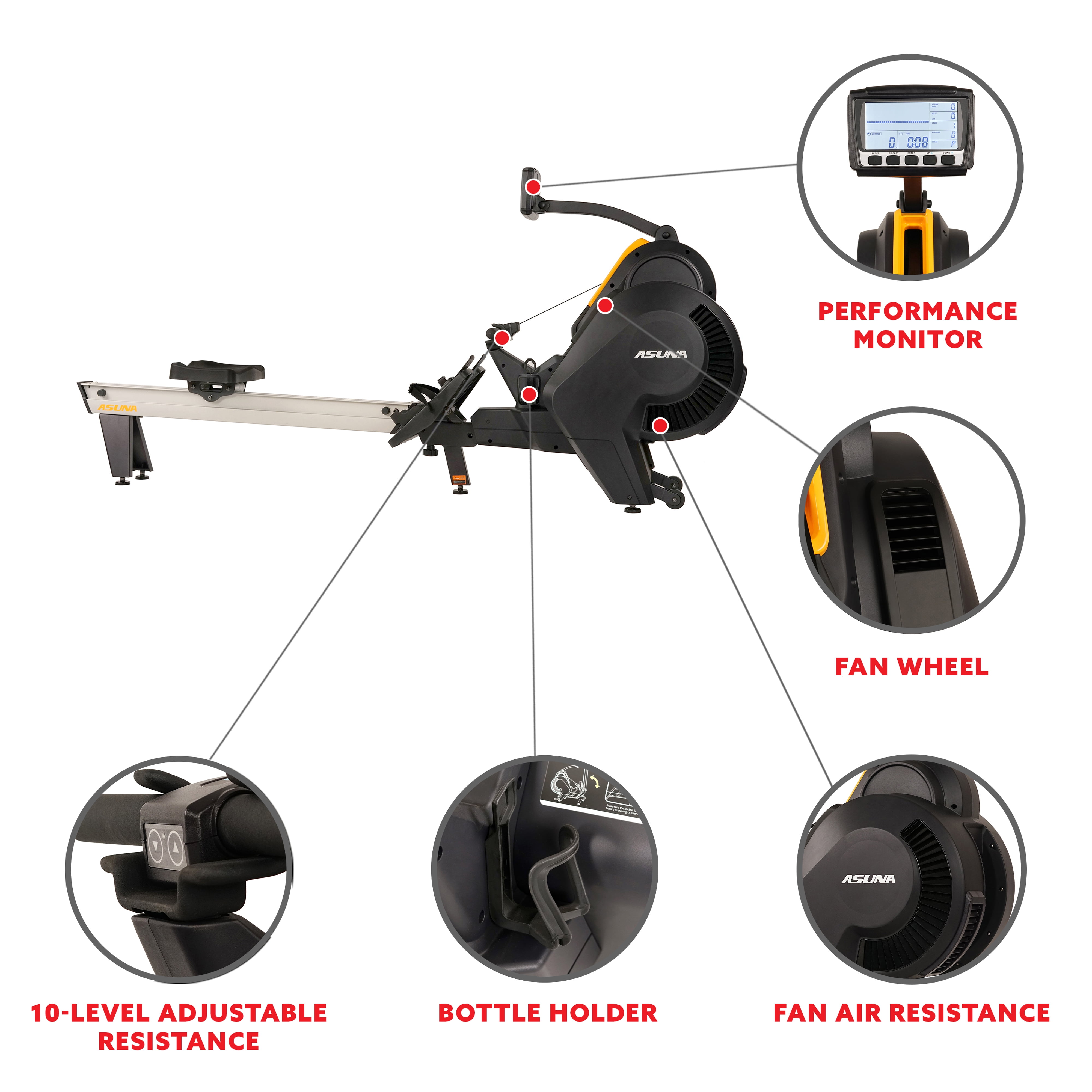 Asuna Windmill Air Magnetic Rowing Machine Rower with 14 lb Flywheel, Air and Magnetic Resistance, High Weight Capacity, Performance Monitor and Aluminum Slide Rail