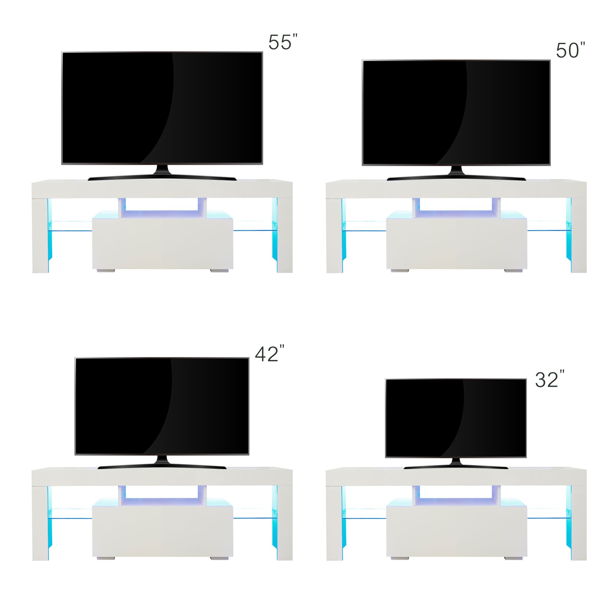 DEALTOPS Modern Simple TV Stand with LED RGB Lights and Open Glass Shelves, Stylish TV Cabinet with 1 Storage Drawer for TVs up to 55'' - White