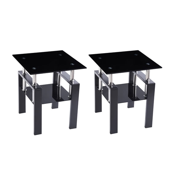 SMARTIK Set of 2 Square Glass End Table, Black Modern Indoor Décor with Two Tiers and Tempered Glass