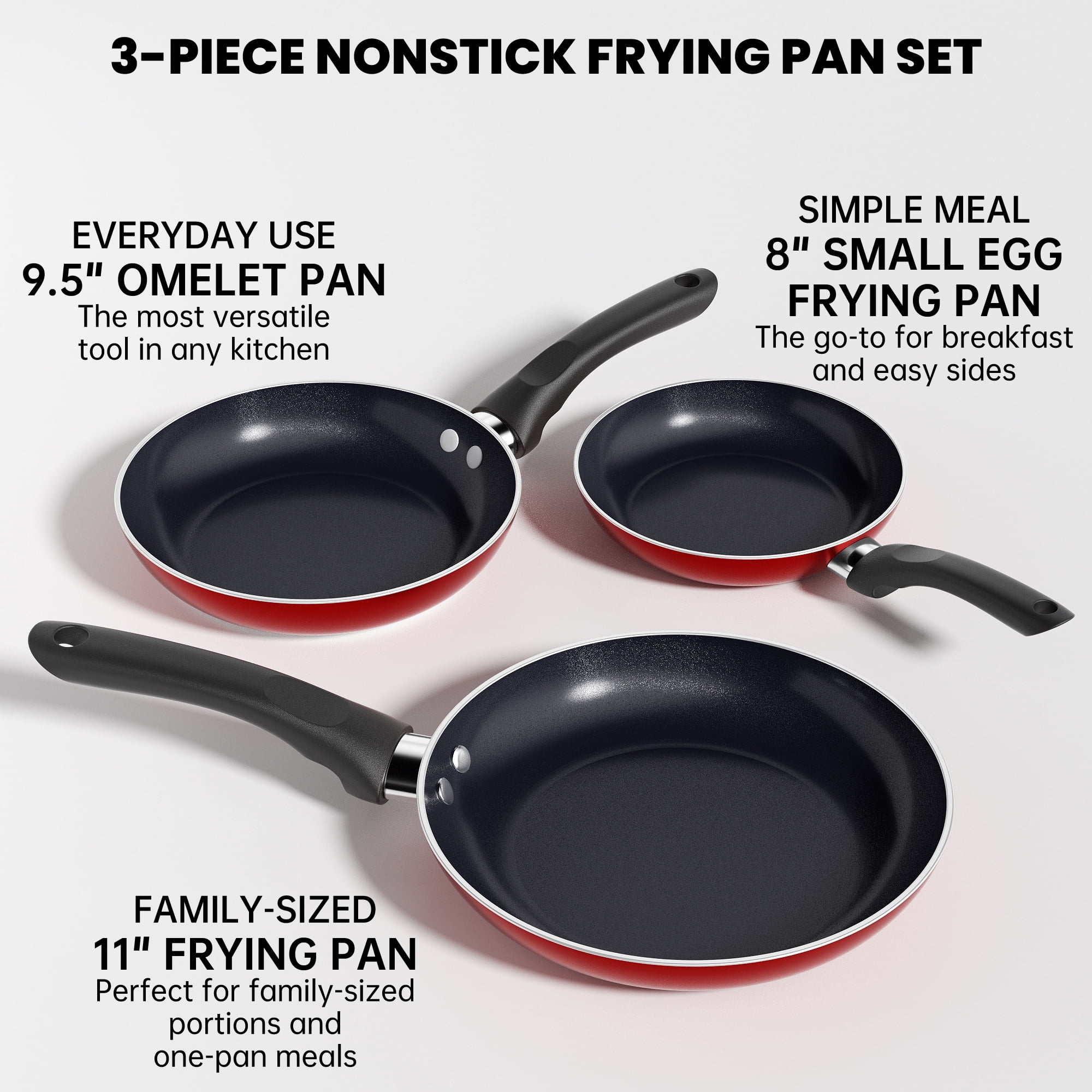 GPED 3 PCS Non-Stick Frying Pan Set,8”, 9.5”, 11” Tri-Ply Skillet with Induction Bottom, Aluminum Cooking Skillet Pans Set, Compatible with All Stovetops (Red)