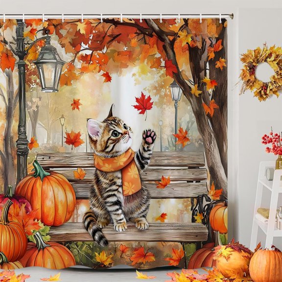 Autumn Cat Shower Curtain Pumpkin and Maple Leaves Fabric Bathroom Decor with Hooks 71x71 inches