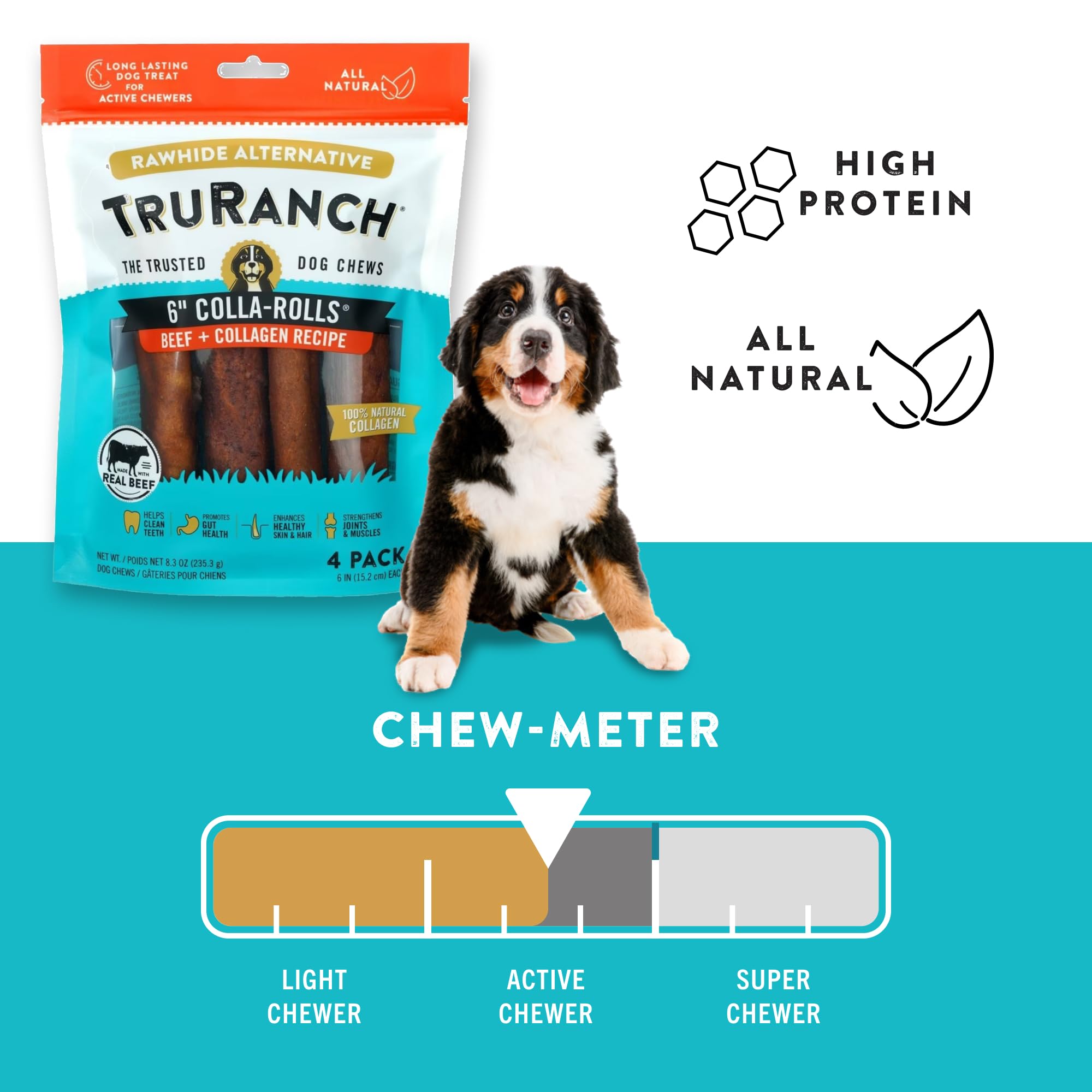 (5 pack) TRURANCH Collagen Rolls - 6" Collagen Rolls for Dogs - Long Lasting Healthy Joint Support Dog Treat - Rawhide Alternative - Skin & Coat Health - Made with Real Beef, 1 Bag, 4 Count