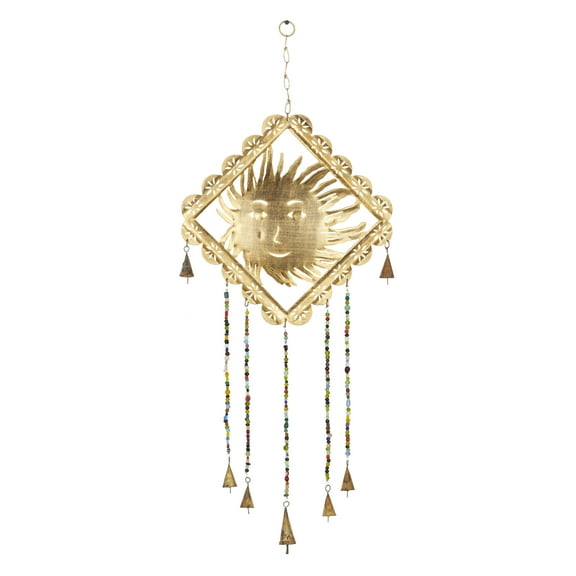 DecMode 30" Gold Metal Sun Windchime with Glass Beads and Cone Bells