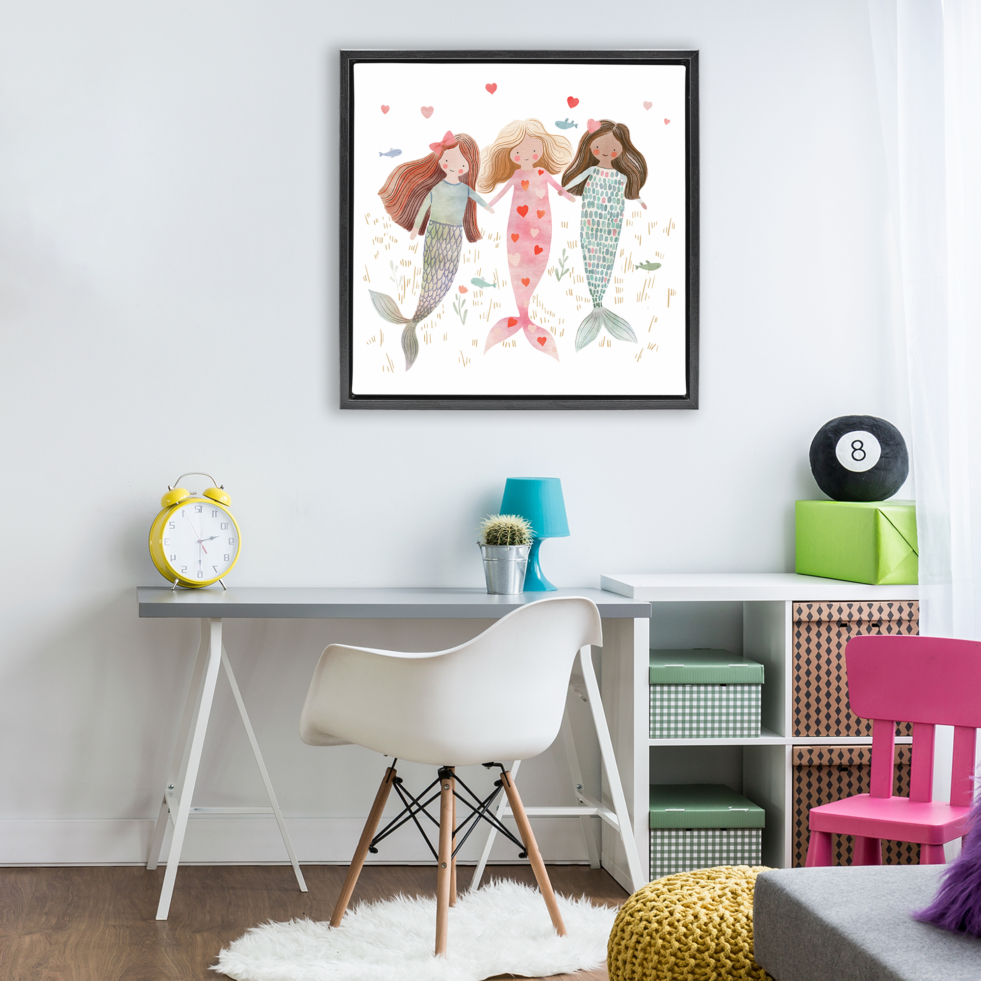 Trio of Mermaids Friendship Black Framed Floater Canvas Wall Art, design by Leah Straatsma