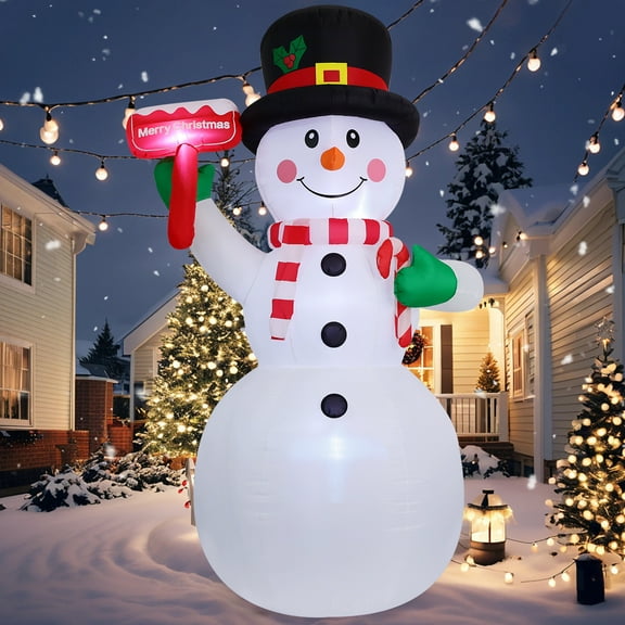 GOOSH Christmas Inflatables 10.3 FT Inflatable Snowman with Built-in LED Lights, Giant Blow up Snowman Holding a Red Sign, Outdoor Christmas Decorations for Xmas Holiday Party