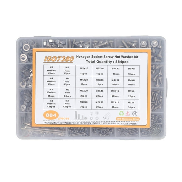 Wrench 884 Pcs Screw Nut Washer Wrench Kit M2 M3 M4 M5 Half Round Head Hex Socket Screws Nuts Washers Wrench Set