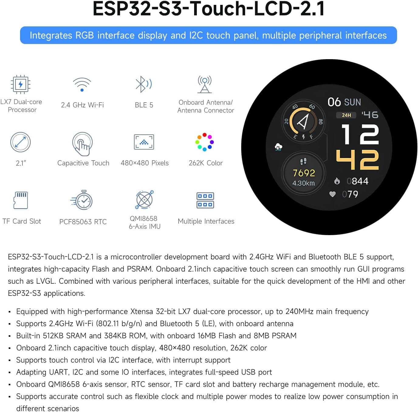 ESP32-S3 2.1inch Round Touch Screen with 32-bit LX7 Dual Core Processor, 480 × 480 Resolution, 262K Color, Support Wi-Fi & BLE 5