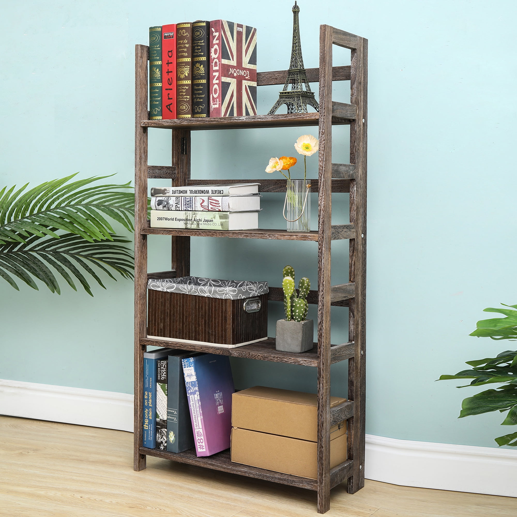 Proman Product Hickory 4 Layers Folding Bookshelf, Paulownia Wood, Walnut Color