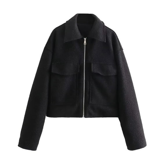 Women's Wool Coat Lapel Zipper Up Copped Bomber Jacket Outerwear with Pockets