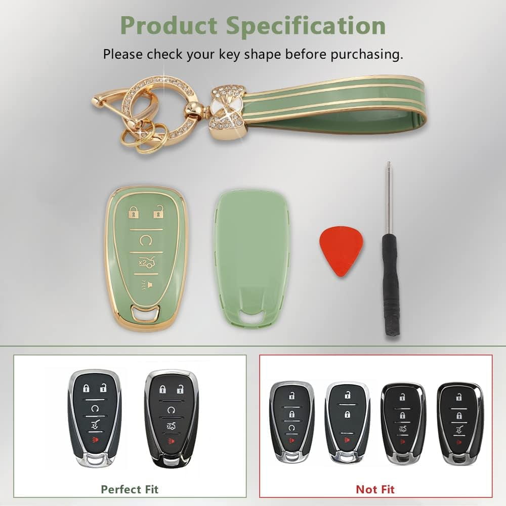 Stylish 5-Button TPU Key Fob Cover with Bling Keychain for Chevy Equinox Malibu Blazer Camaro Spark Traverse Trax Green Gold Protective Shell Case for Men and Women