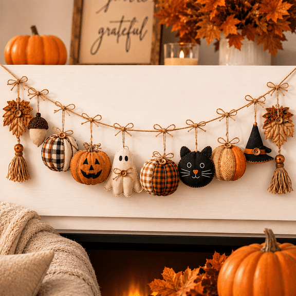 Halloween Fabric Wreath Hanging Decoration, Spooky Cloth Garland for Mantel Door, Halloween Party Decor for Walls Windows and Home