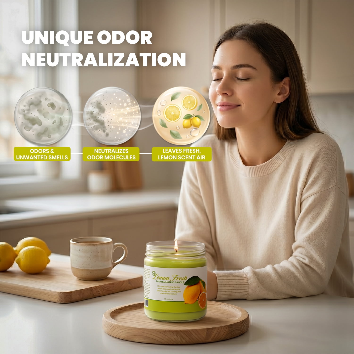 Candle Set Odor Eliminating - Pack of 2 (12oz) Lemon Fresh | 80 to 90-Hour Burn Time | Premium Soy Wax Candles | Neutralizes Pet, Kitchen, & Smoke Odors | Eco-Friendly & Long-Lasting