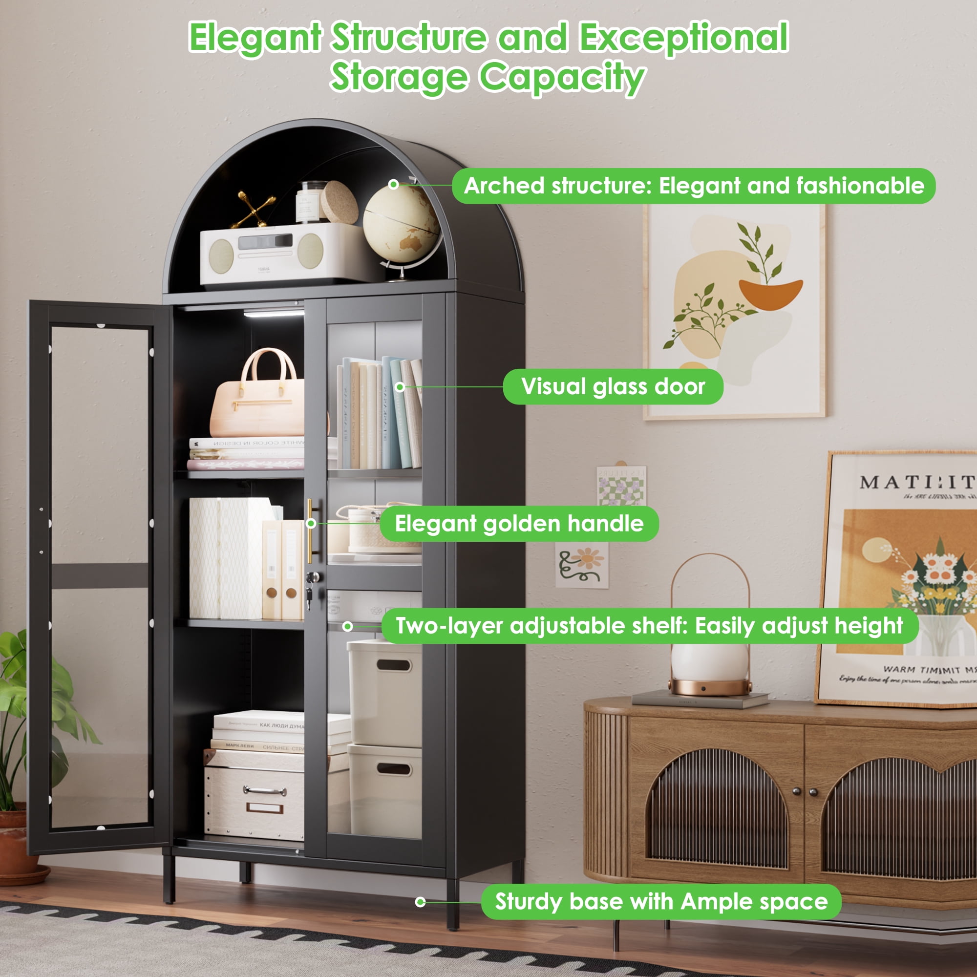 SUPEER Metal Arched Storage Display Cabinet with LED Strips and Glass Doors, Lockable Cabinet, Assembly Required, Black