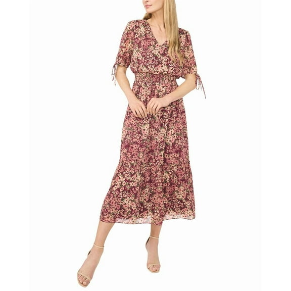 CeCe womens  V Neck Tie Sleeve Smocked Waist Maxi Dress, m