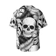 thumbnail image 2 of Xecao offers the Skull and palm leaves for Men's Casual Short-sleeved Shirt, a button-up collared shirt with a pocket, perfect for beach vacations and yacht travel in the 4X-Large size., 2 of 7