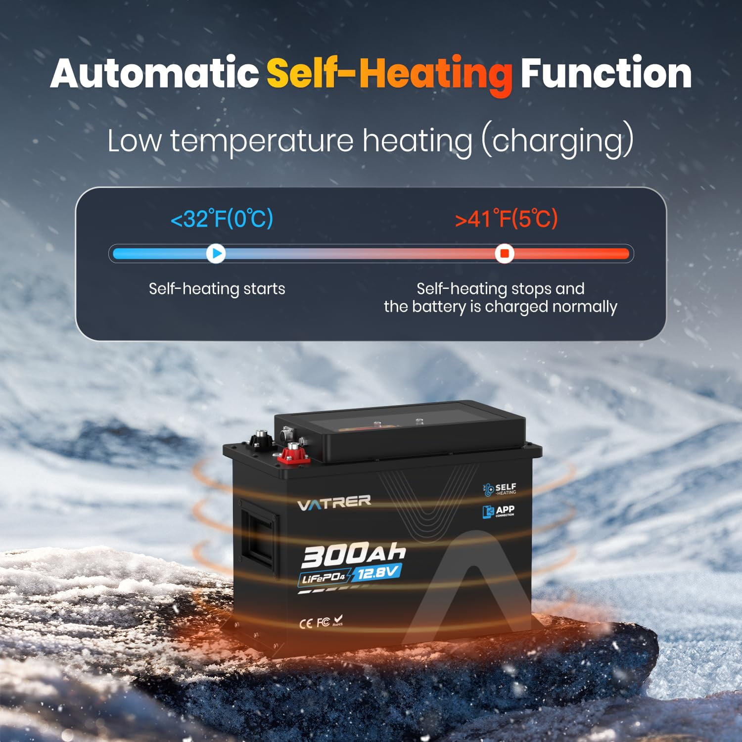 VATRER POWER 12V 300Ah RV LiFePO4 Battery with Self-heating, Active Balancing, APP Monitoring, 5000+ Cycles Lithium Battery, Perfect for RV, Motorhome