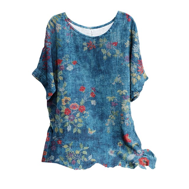 Mujer suelta casual manga corta cuello redondo estampado casual blusa camiseta túnica tops Fridja ghk4506