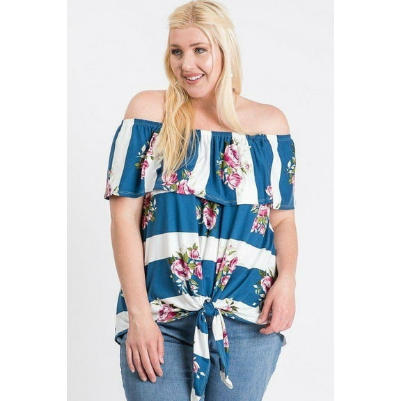 Off Shoulder Ruffled Front Tie Top 1XL