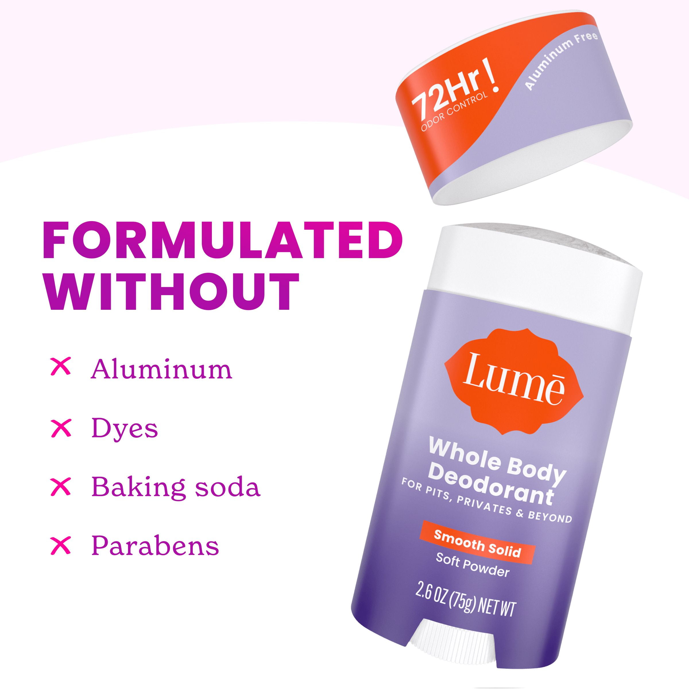 (2 pack) Lume Whole Body Women’s Deodorant - Smooth Solid Stick - Aluminum Free - Soft Powder - 2.6oz